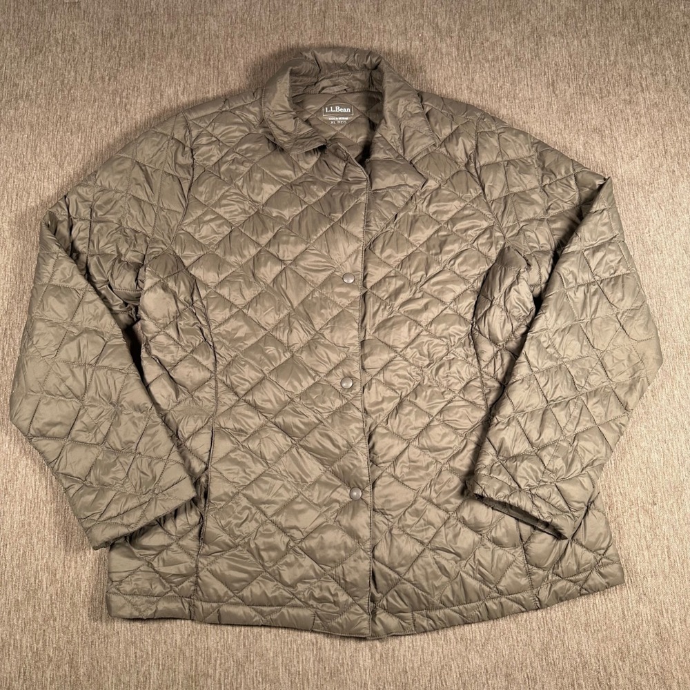 LL Bean Womens XL Quilted PrimaLoft Jacket Olive Green Snap Front